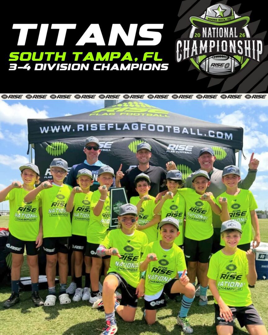 Youth flag football team celebrating championship trophy