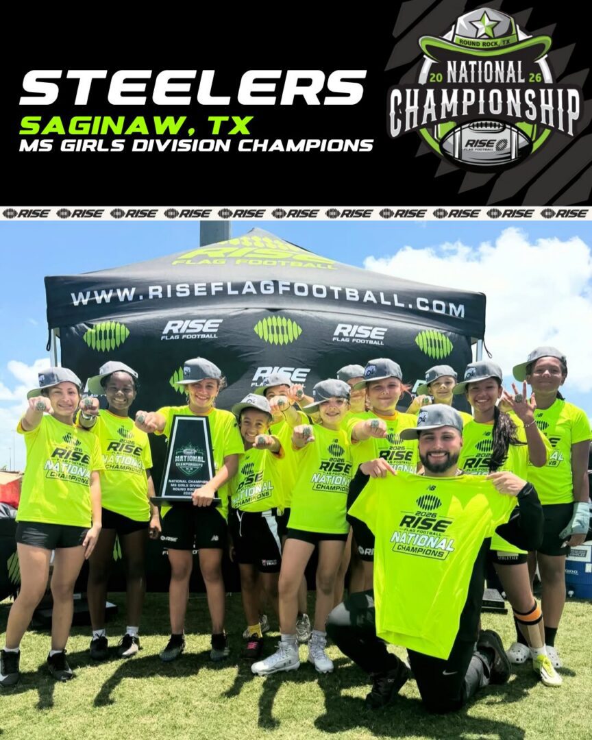 Girls flag football team posing with championship trophy