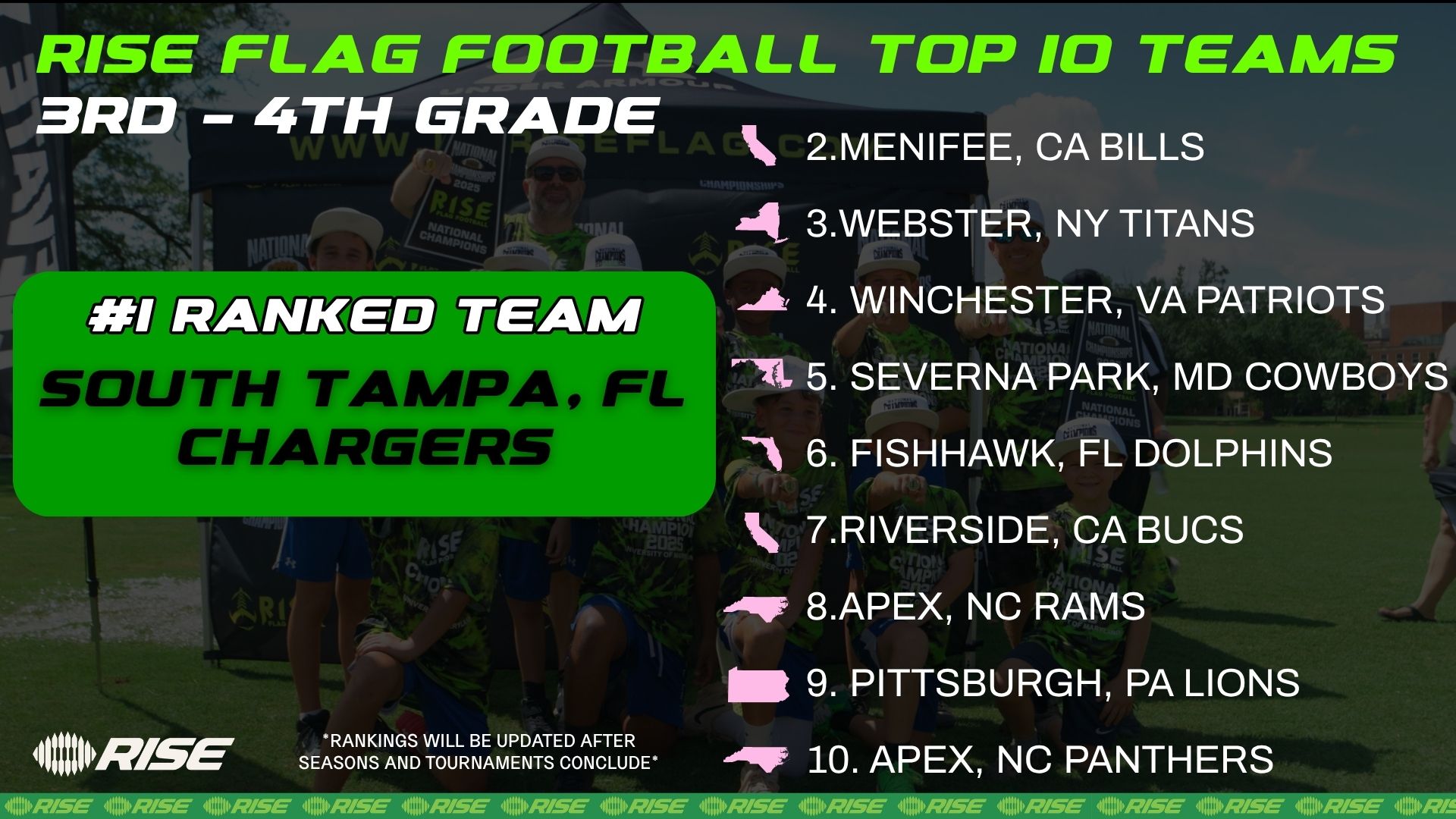 Rise flag football top ten teams graphic