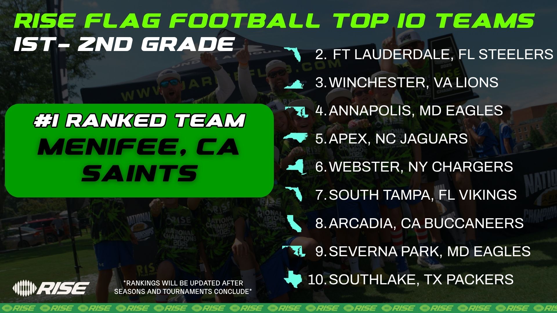 Rise flag football top 10 teams poster with blur image bg